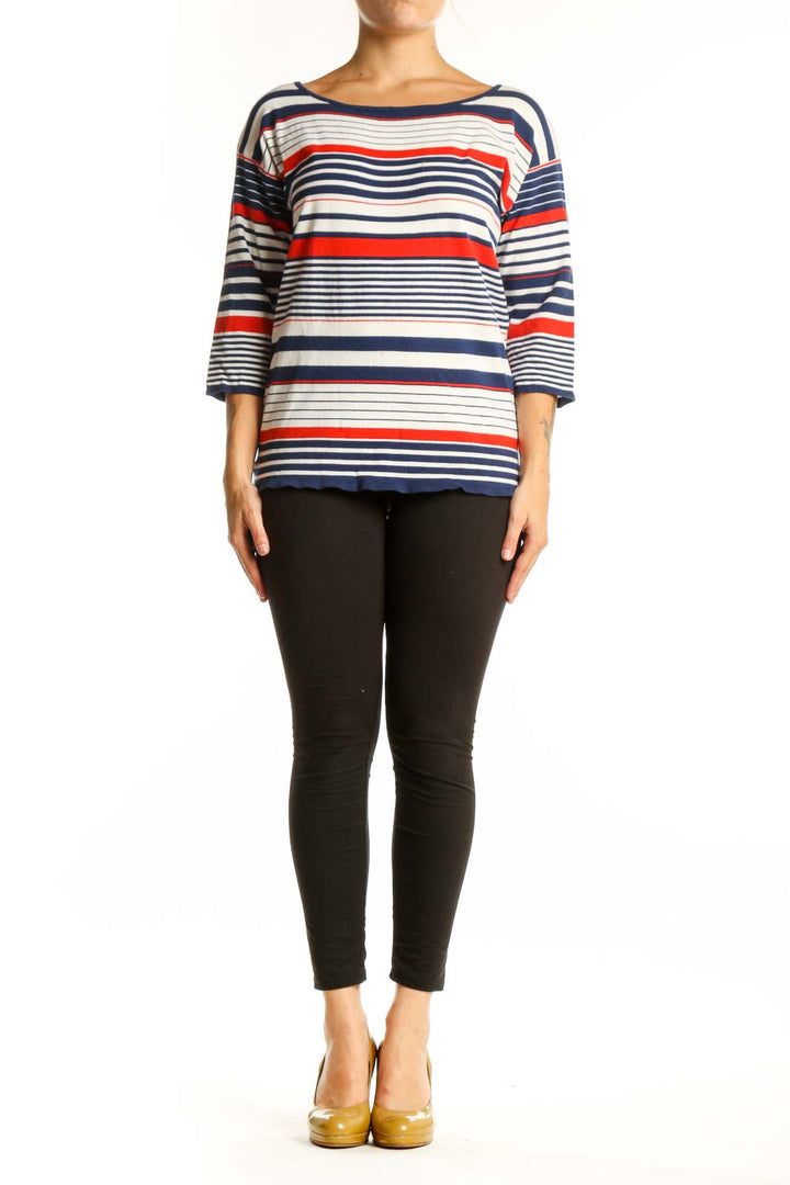 Navy, red, and cream striped three-quarter sleeve knit top by Milly, front view