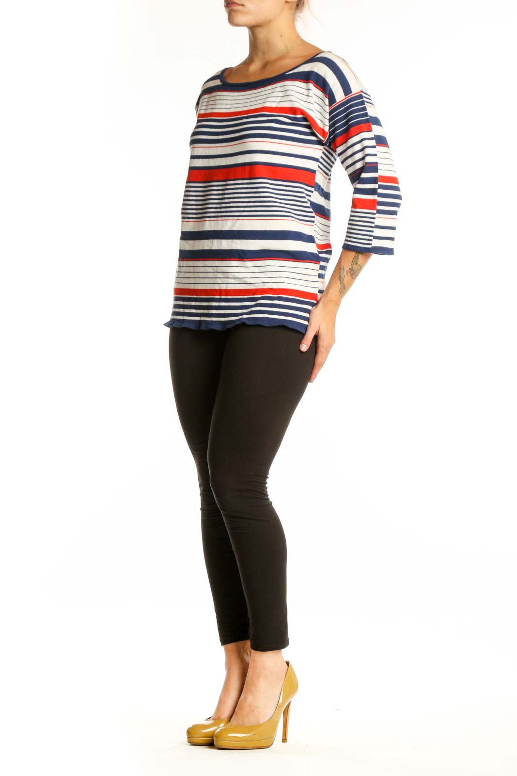 Navy, red, and cream striped three-quarter sleeve knit top by Milly, front view