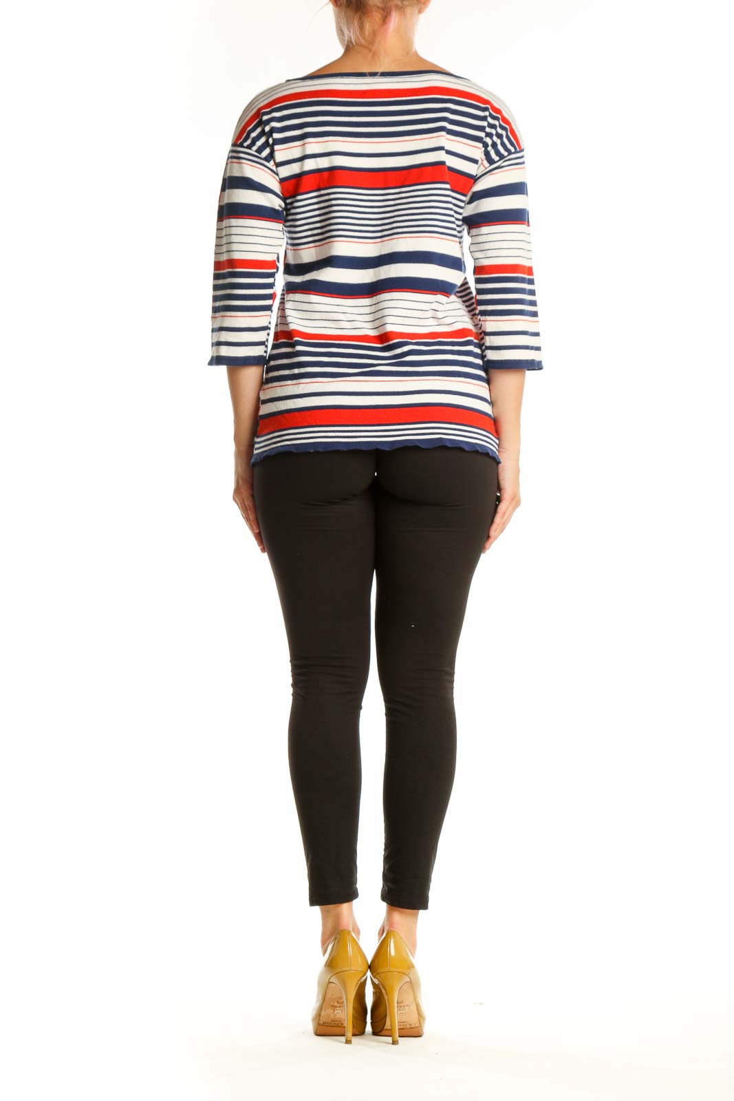 Navy, red, and cream striped three-quarter sleeve knit top by Milly, back view