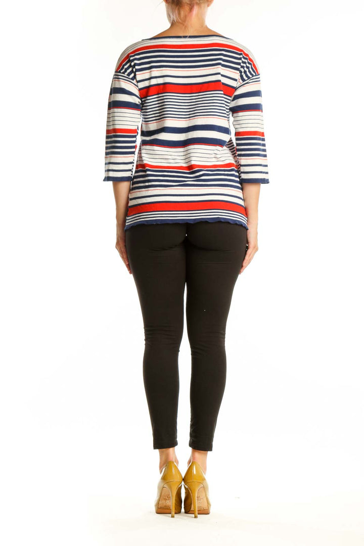 Navy, red, and cream striped three-quarter sleeve knit top by Milly, back view