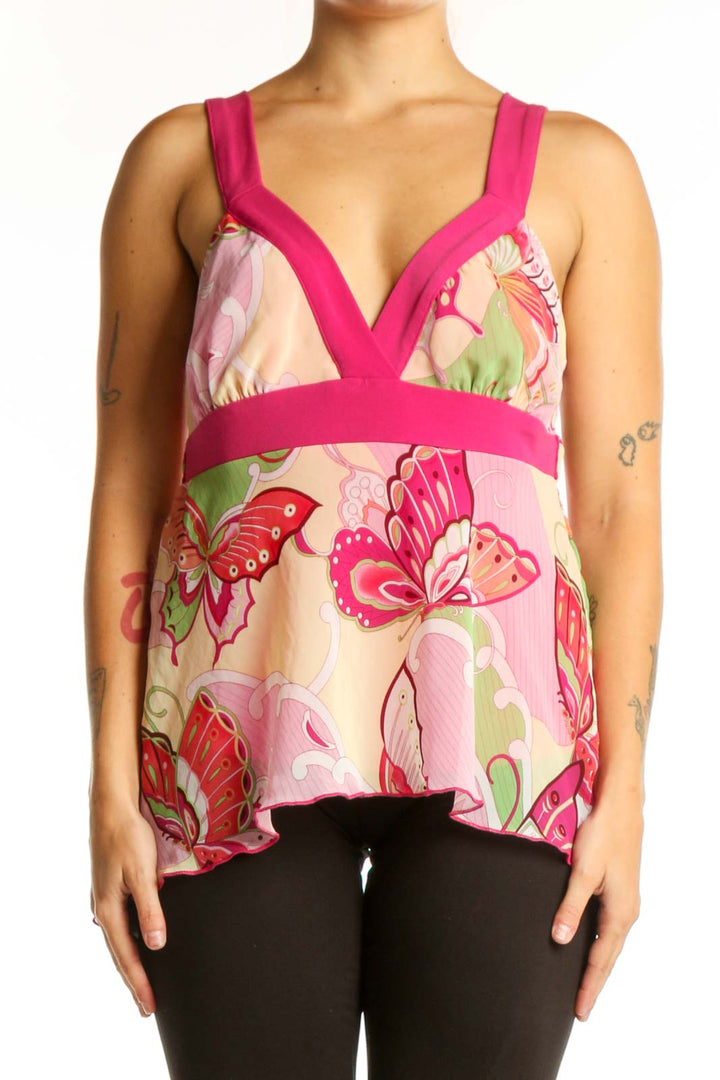 Pink floral empire waist tank top with fuchsia straps and V-neckline, front view