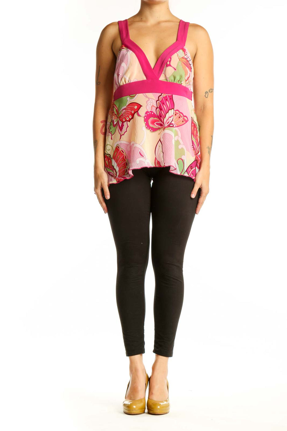 Pink floral empire waist tank top with fuchsia straps and V-neckline, front view