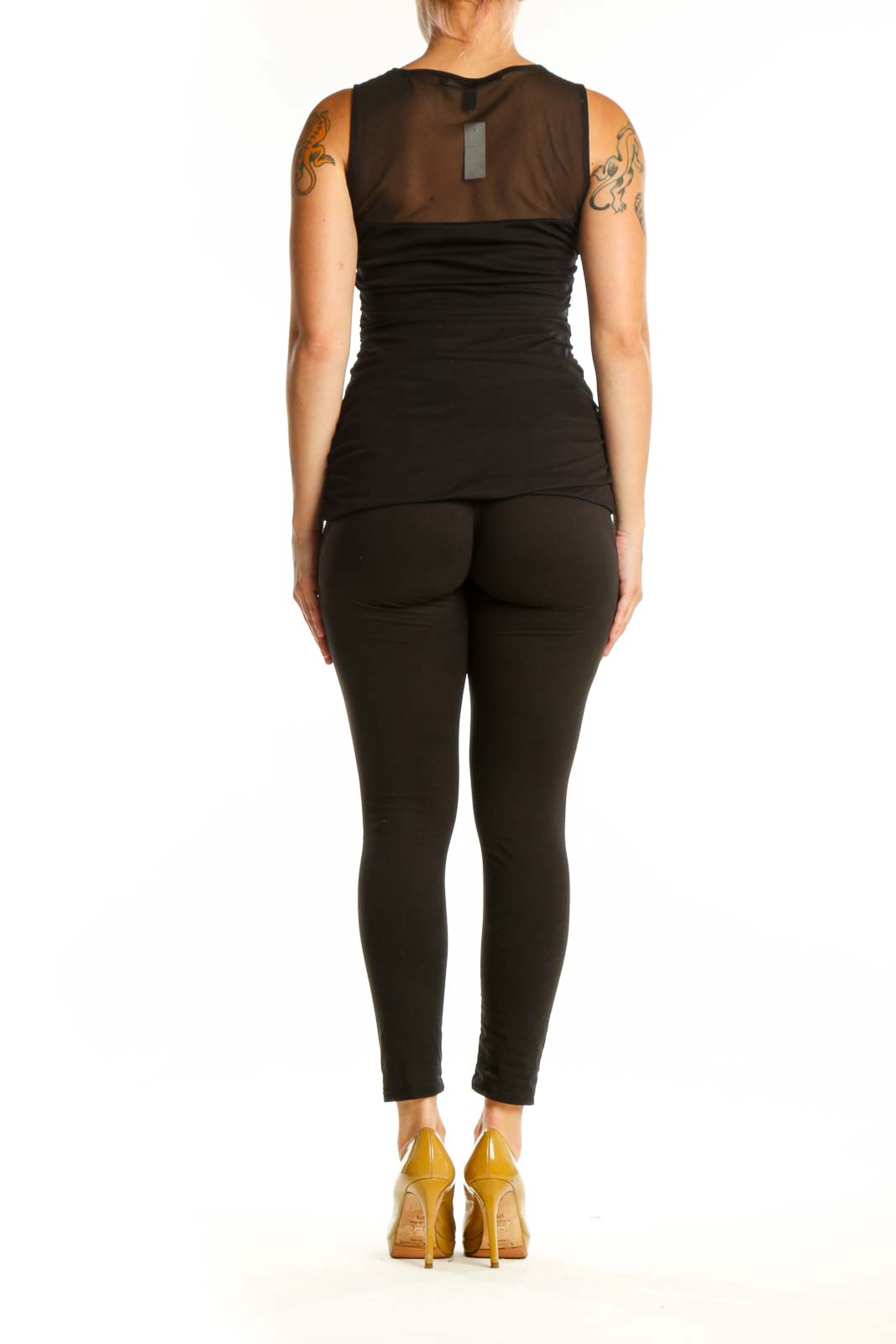 Black ruched sleeveless tank top with side ruching detail, back view on model