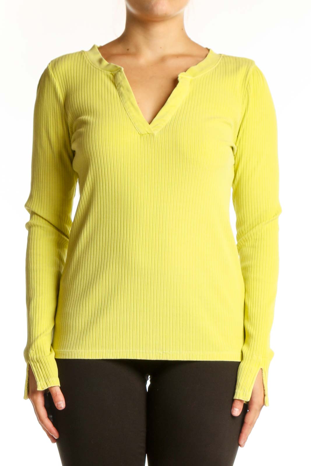 Yellow ribbed henley knit top with button neckline and long sleeves, front view