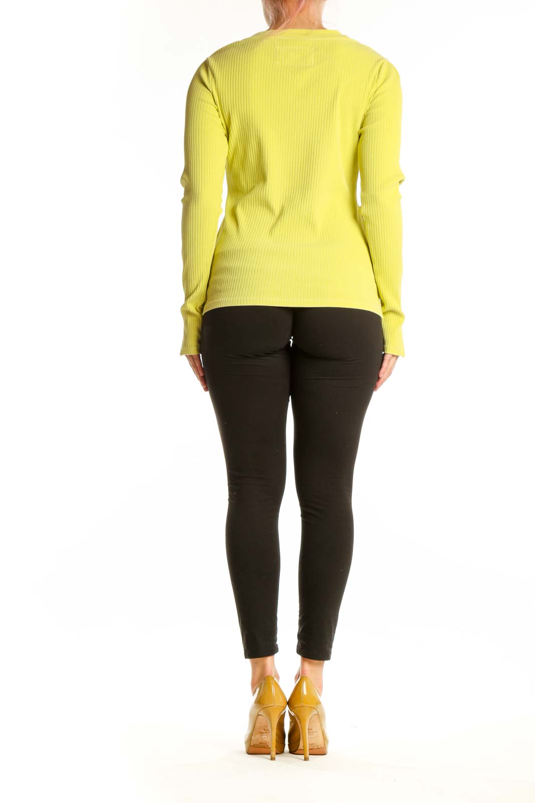 Yellow ribbed henley knit top back view showing fitted silhouette and long sleeves