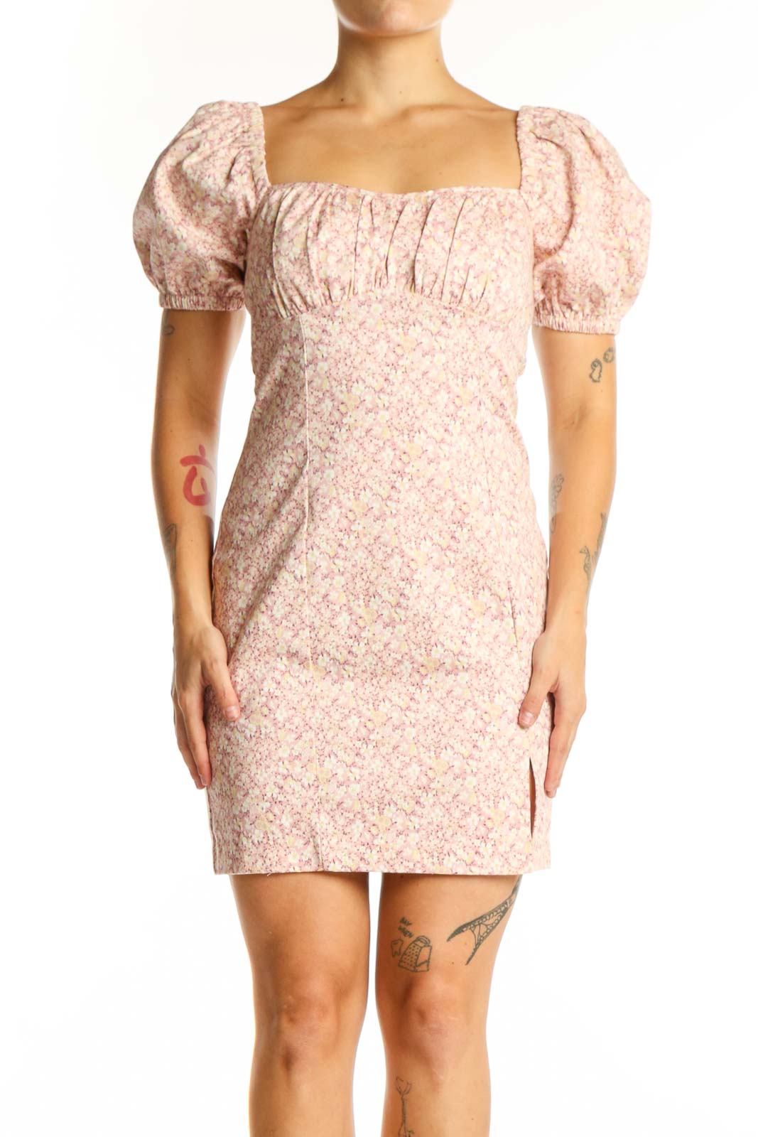 ASTR pink floral mini dress with puff sleeves and ruched bodice, front view