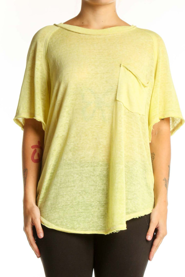 WE THE FREE yellow pocket knit t-shirt front view, relaxed fit crew neck tee with chest pocket detail
