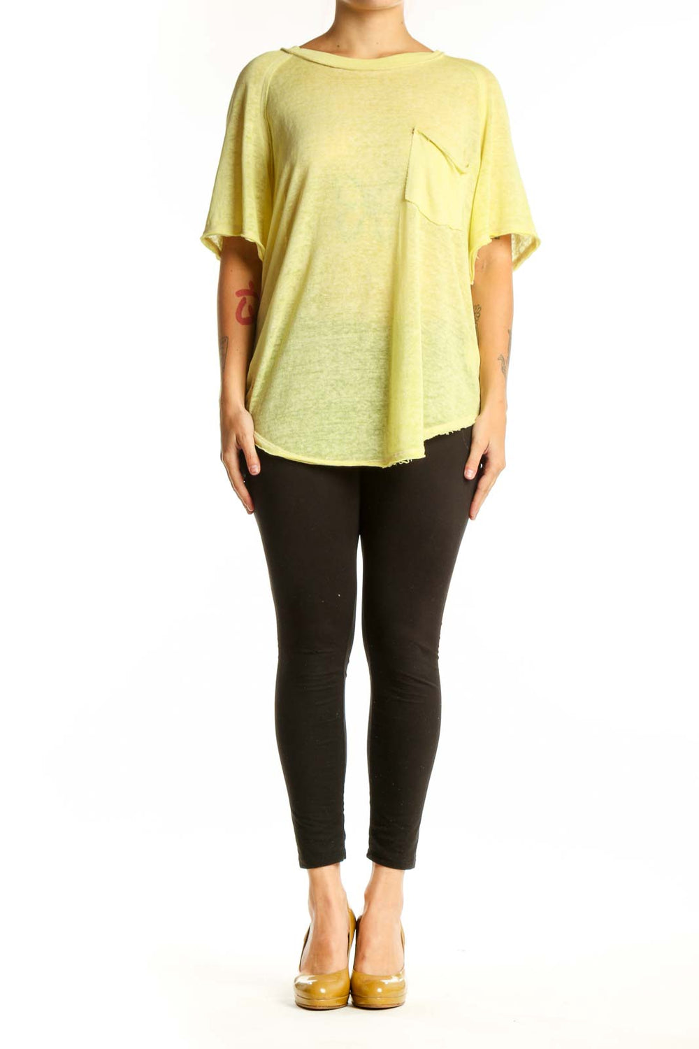WE THE FREE yellow pocket knit t-shirt front view, relaxed fit crew neck tee with chest pocket detail