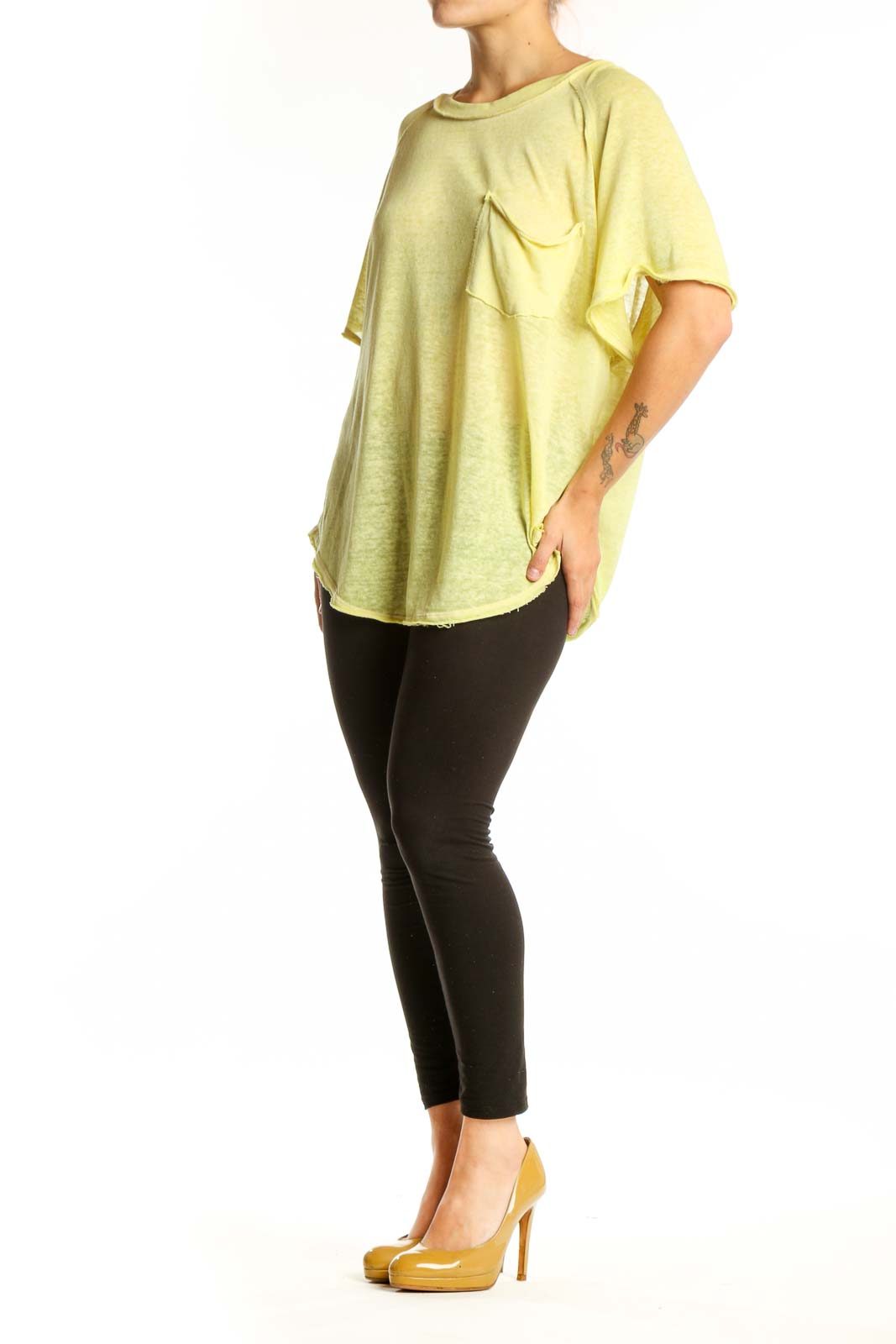 WE THE FREE yellow pocket knit t-shirt front view, relaxed fit crew neck tee with chest pocket detail