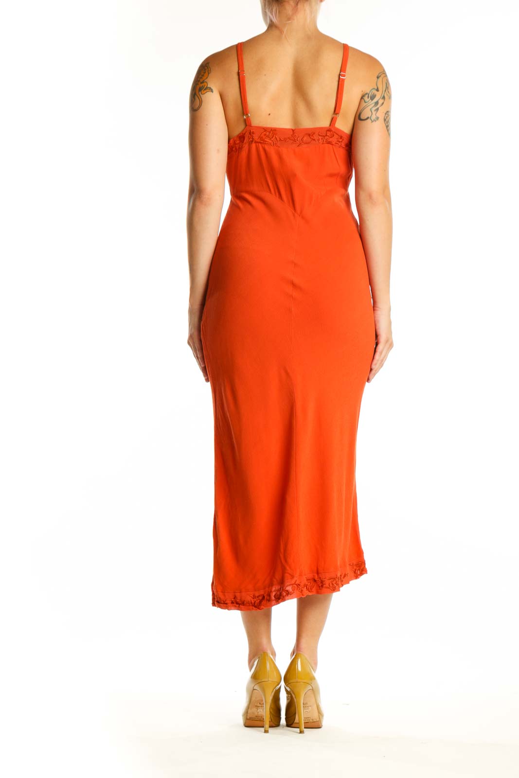 Orange viscose slip dress with asymmetrical hemline and ruched details, back view
