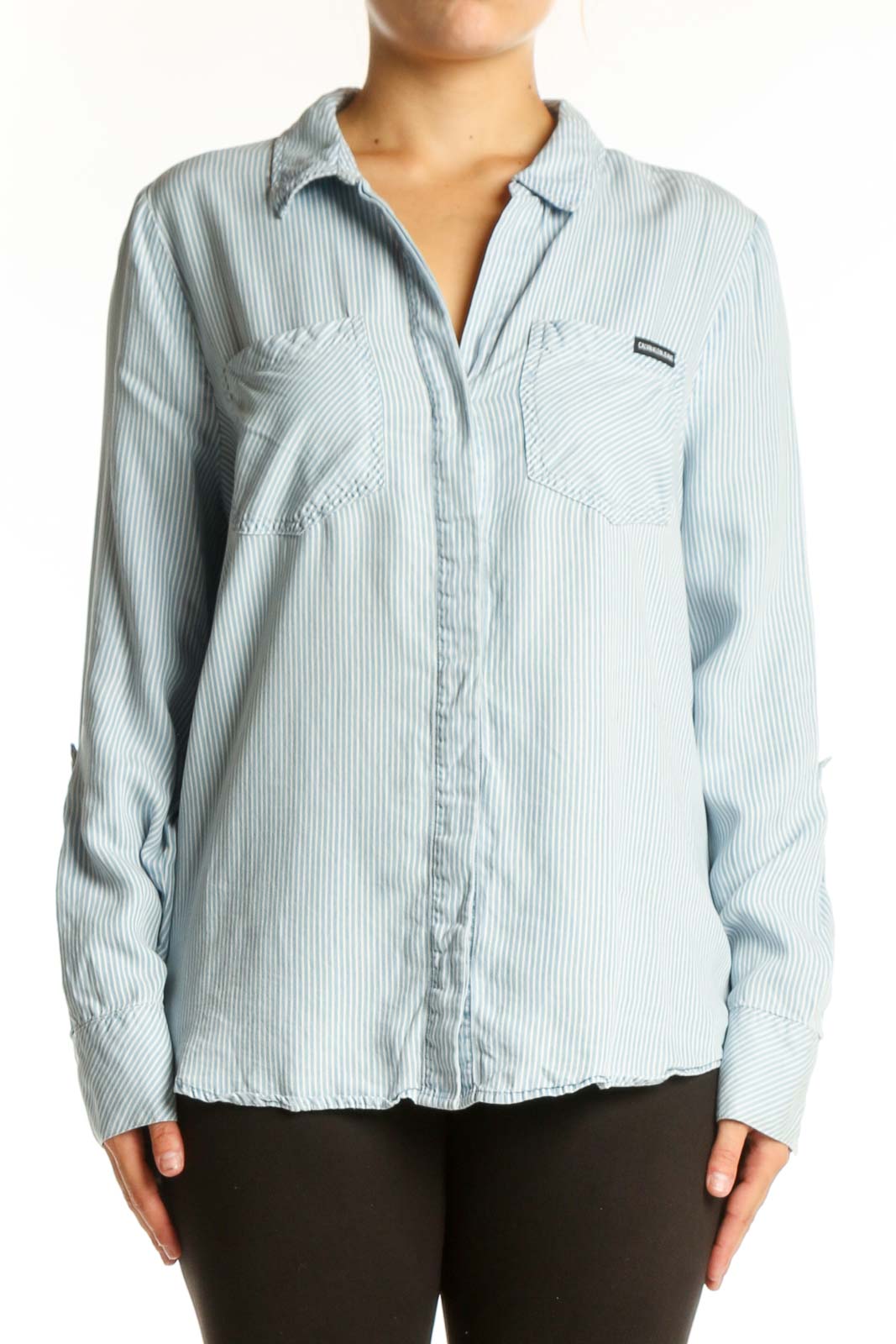 Light blue and white striped Calvin Klein Jeans button-up shirt with collar and long sleeves, front view
