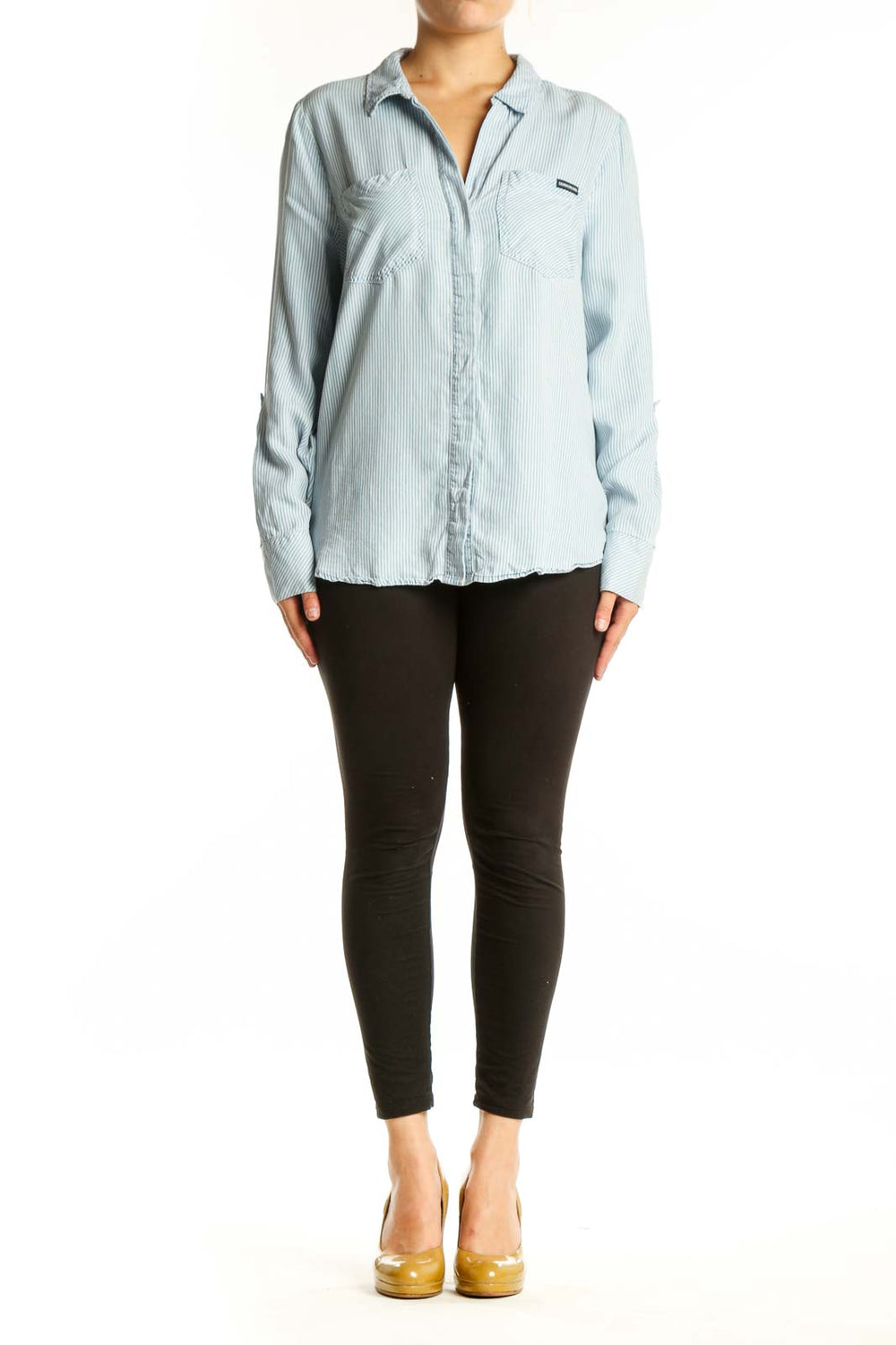 Light blue and white striped Calvin Klein Jeans button-up shirt with collar and long sleeves, front view
