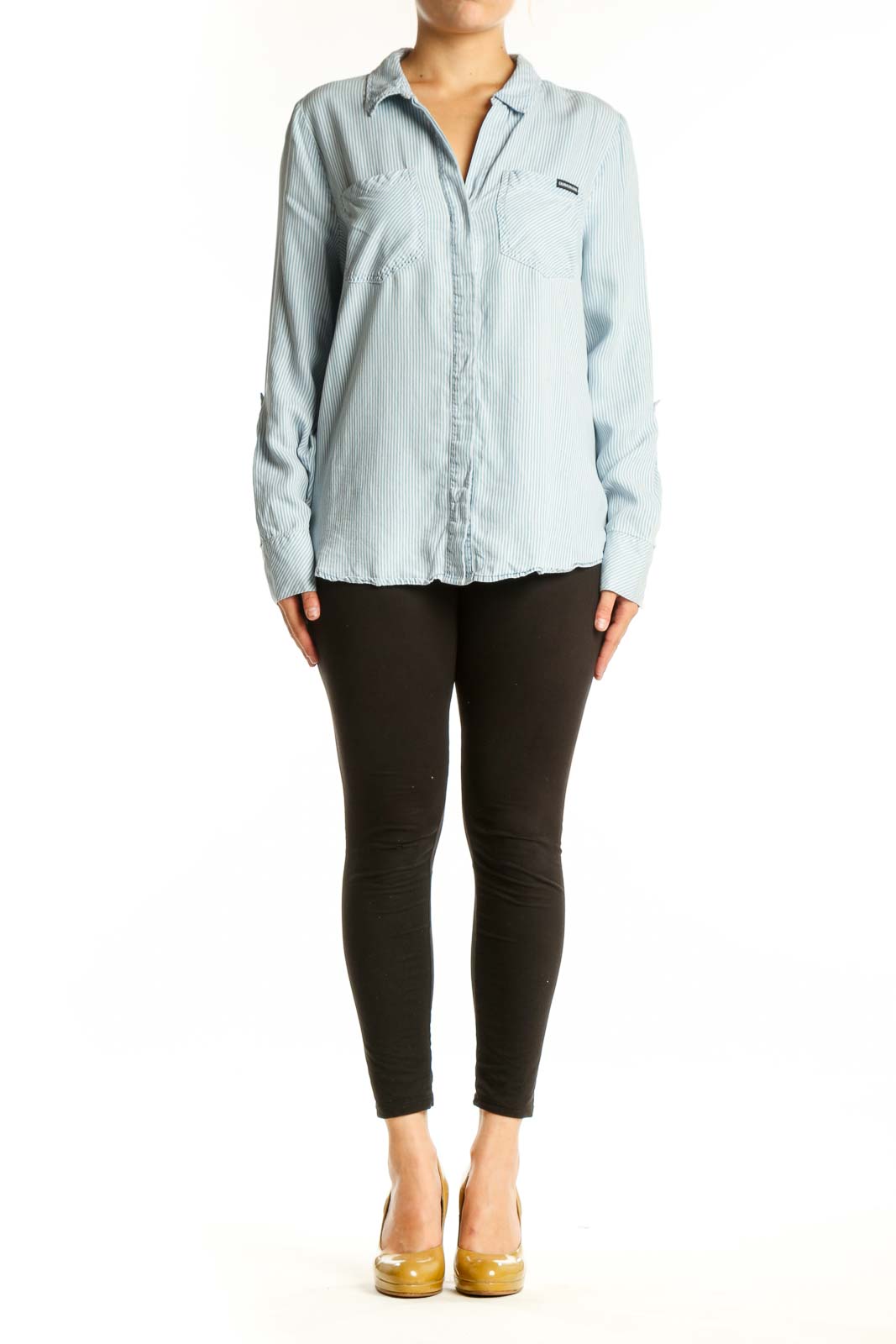 Light blue and white striped Calvin Klein Jeans button-up shirt with collar and long sleeves, front view