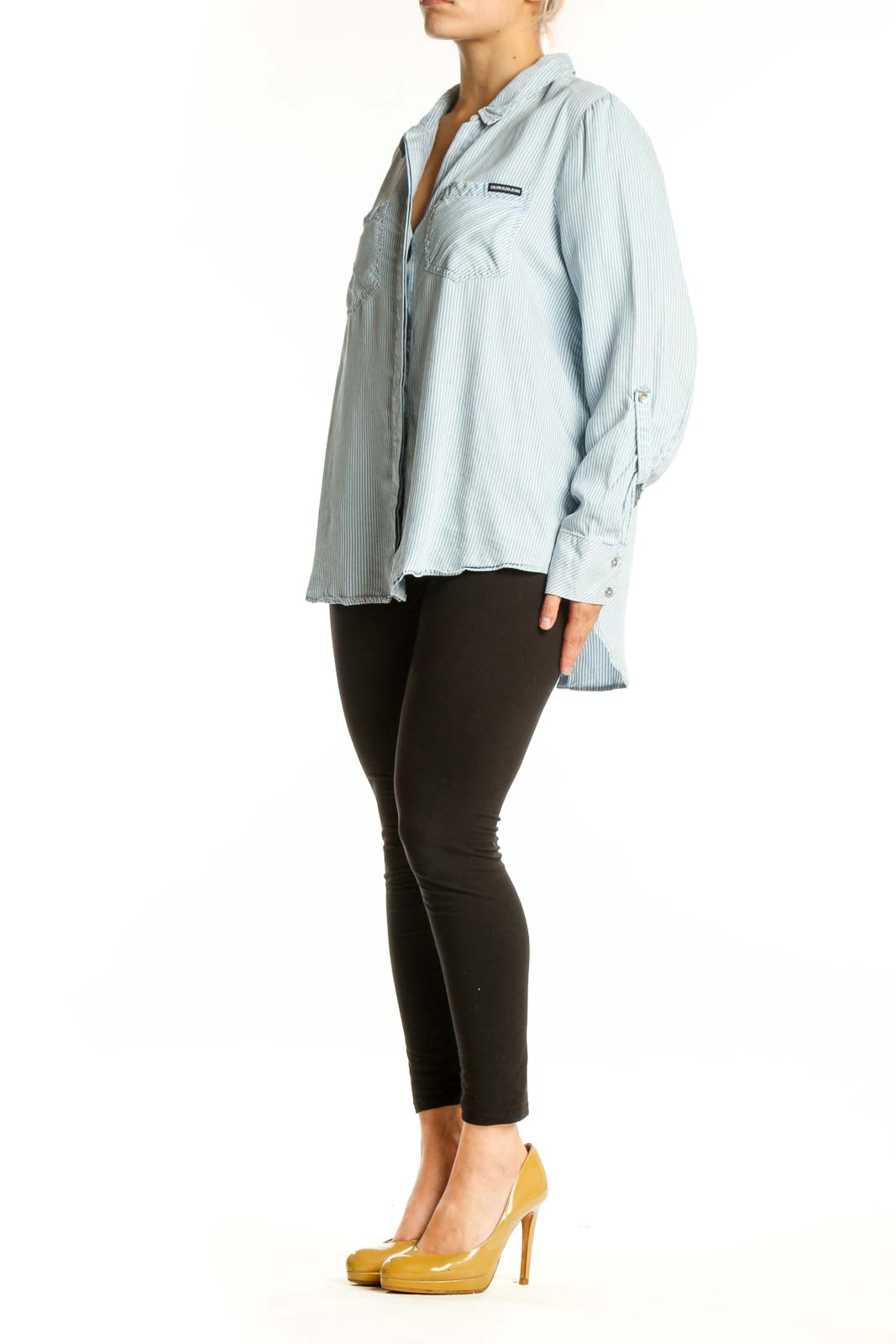 Light blue and white striped Calvin Klein Jeans button-up shirt with collar and long sleeves, front view