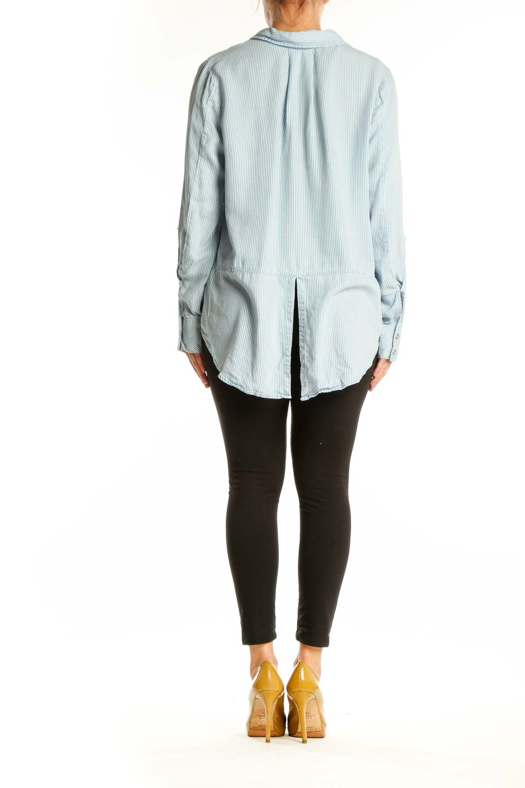 Light blue and white striped Calvin Klein Jeans button-up shirt, back view showing relaxed fit