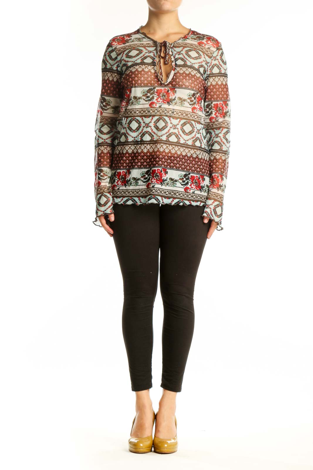 One Touch rust and cream patchwork knit top with floral and geometric patterns, featuring tie-neck detail and long sleeves