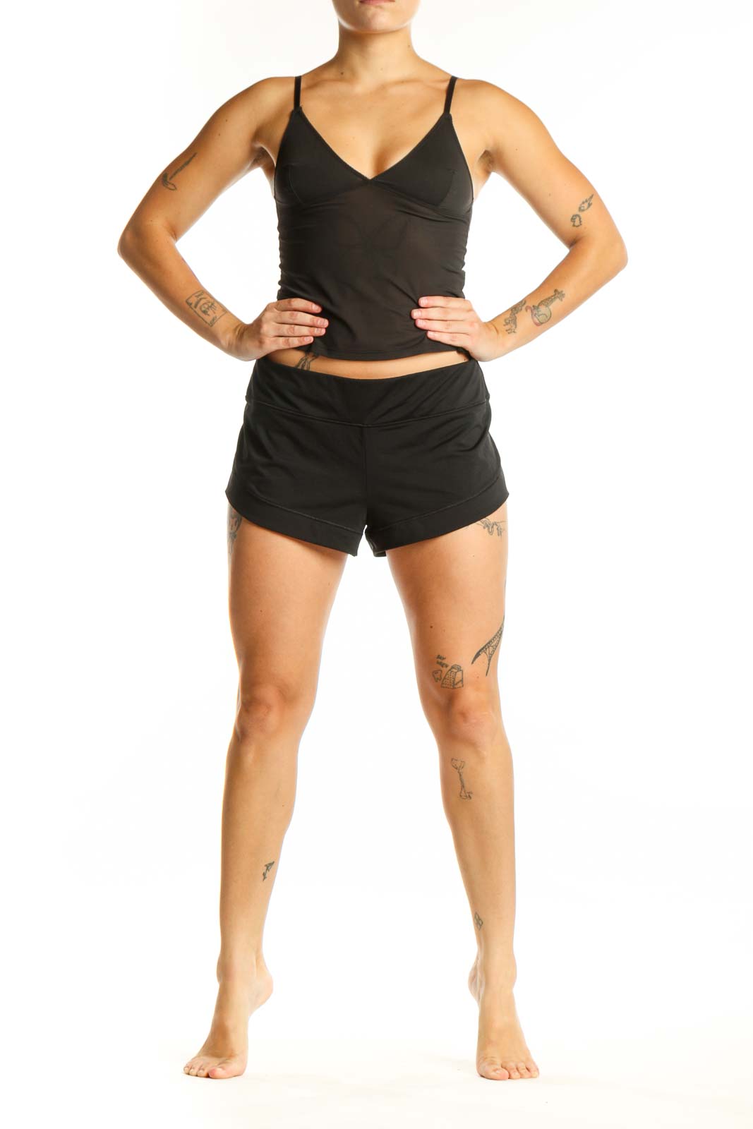 Black athletic shorts with 9-inch inseam, front view showing mid-rise waist and comfortable fit