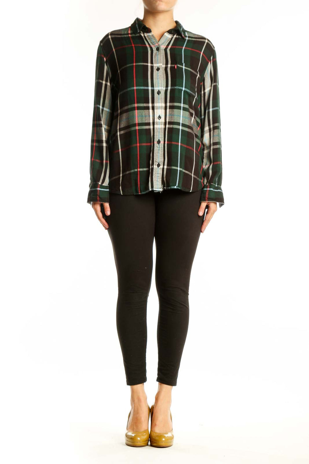 Black plaid flannel shirt with green, red, and cream pattern, button-up front with gray chambray placket, long sleeves