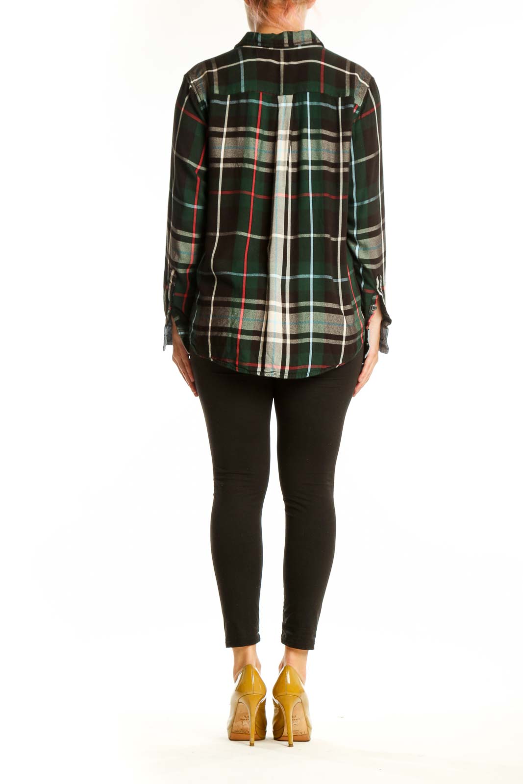 Back view of black plaid flannel shirt showing full plaid pattern and relaxed fit silhouette