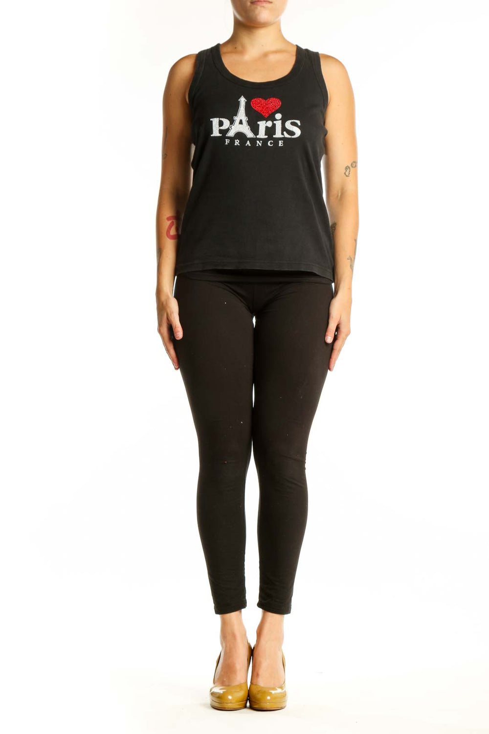 Black cotton tank top with white Eiffel Tower and red heart 'I Love Paris France' graphic design, front view