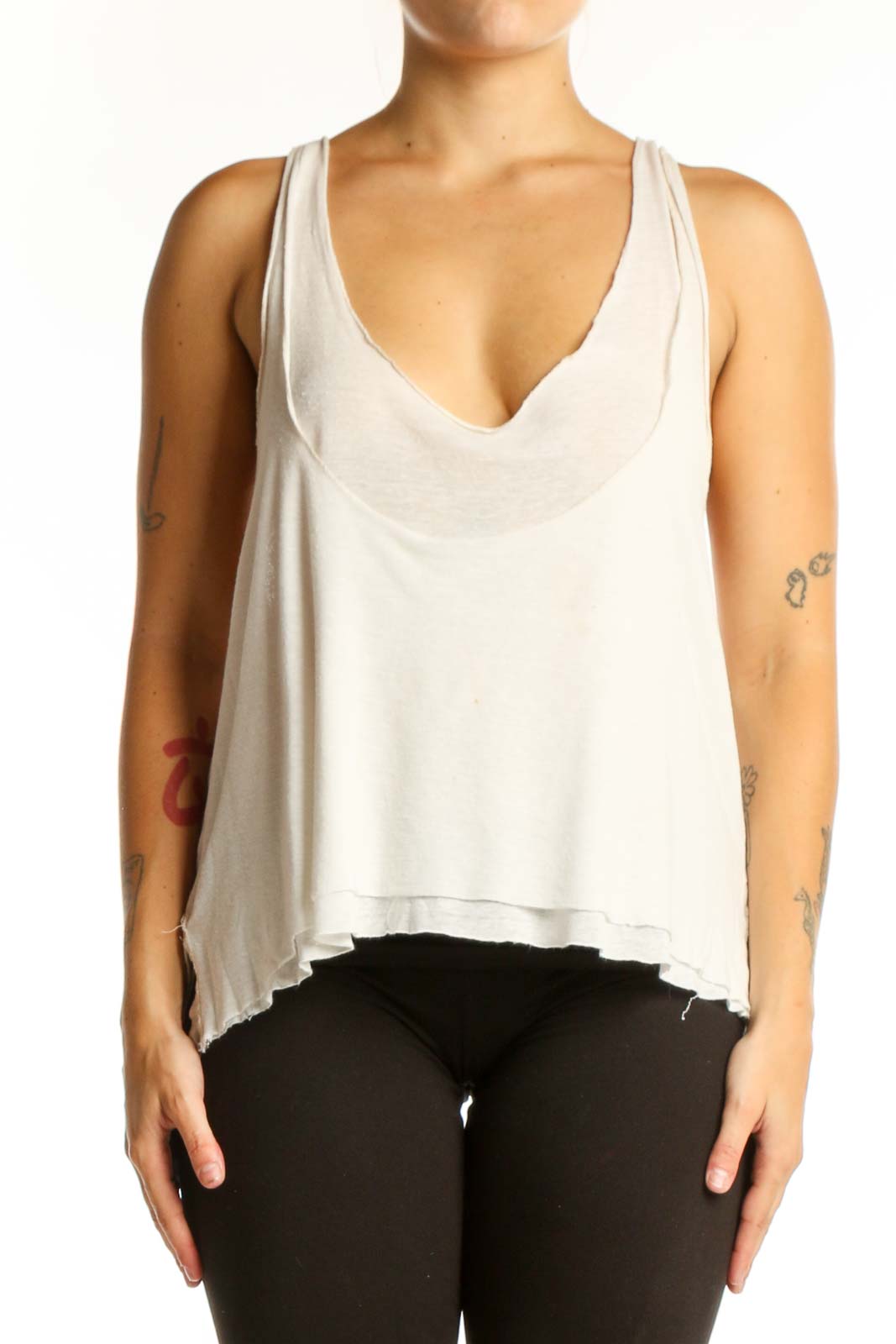 Cream linen-rayon V-neck tank top with asymmetrical hemline, front view