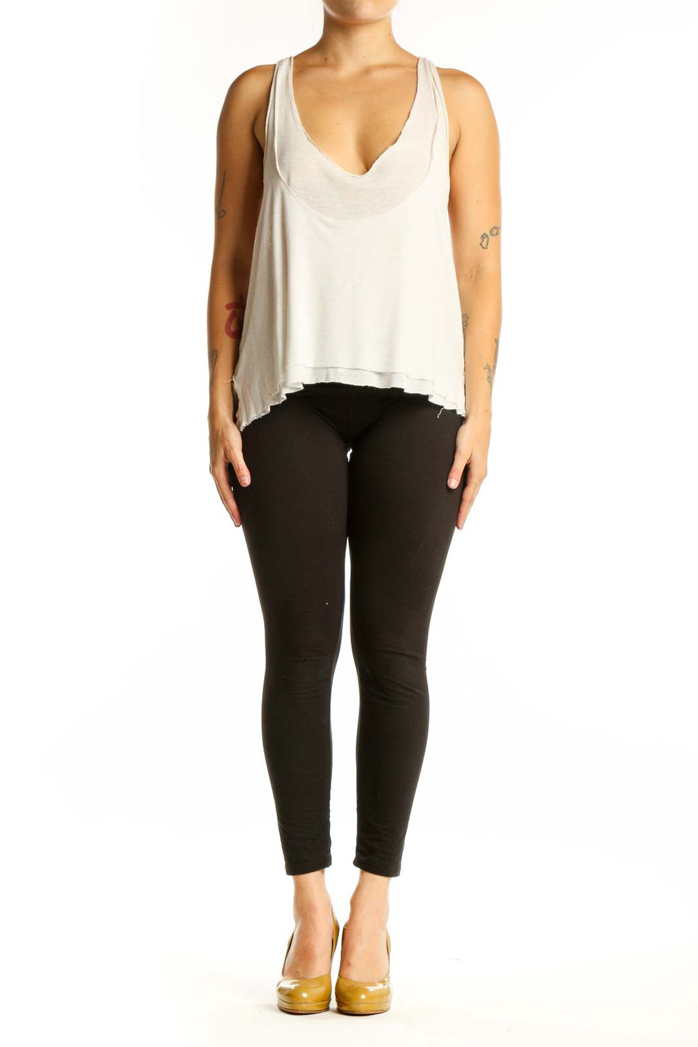 Cream linen-rayon V-neck tank top with asymmetrical hemline, front view
