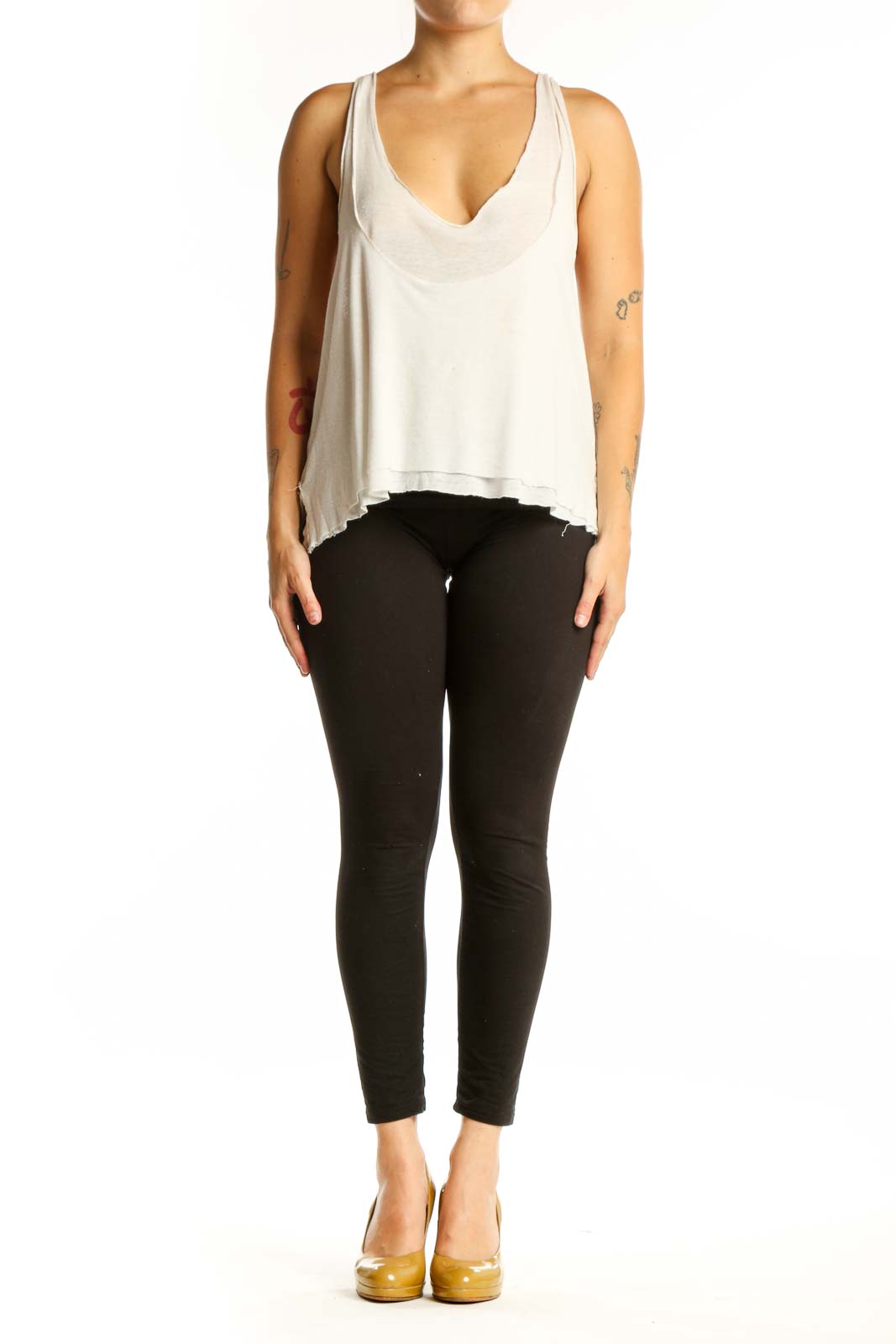 Cream linen-rayon V-neck tank top with asymmetrical hemline, front view