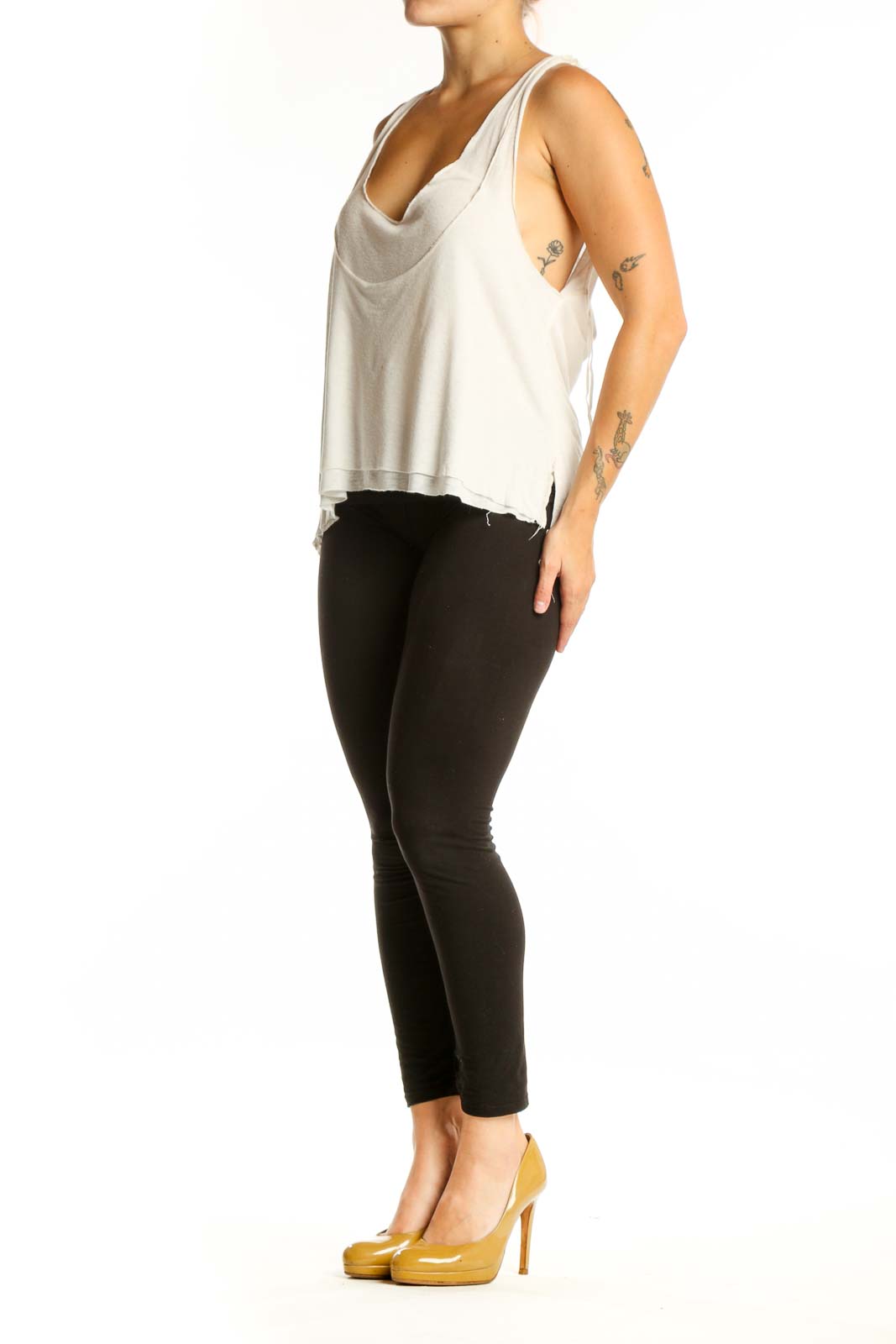Cream linen-rayon V-neck tank top with asymmetrical hemline, front view
