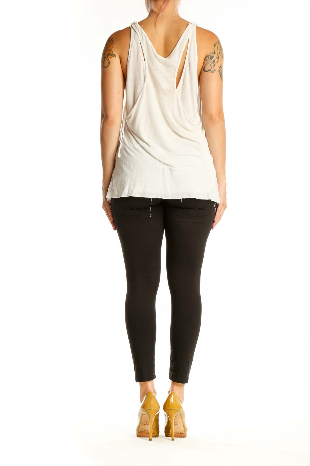 Cream linen-rayon V-neck tank top with cowl back neckline, back view