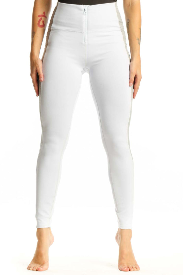 White high-waist activewear leggings with gray side paneling, front view