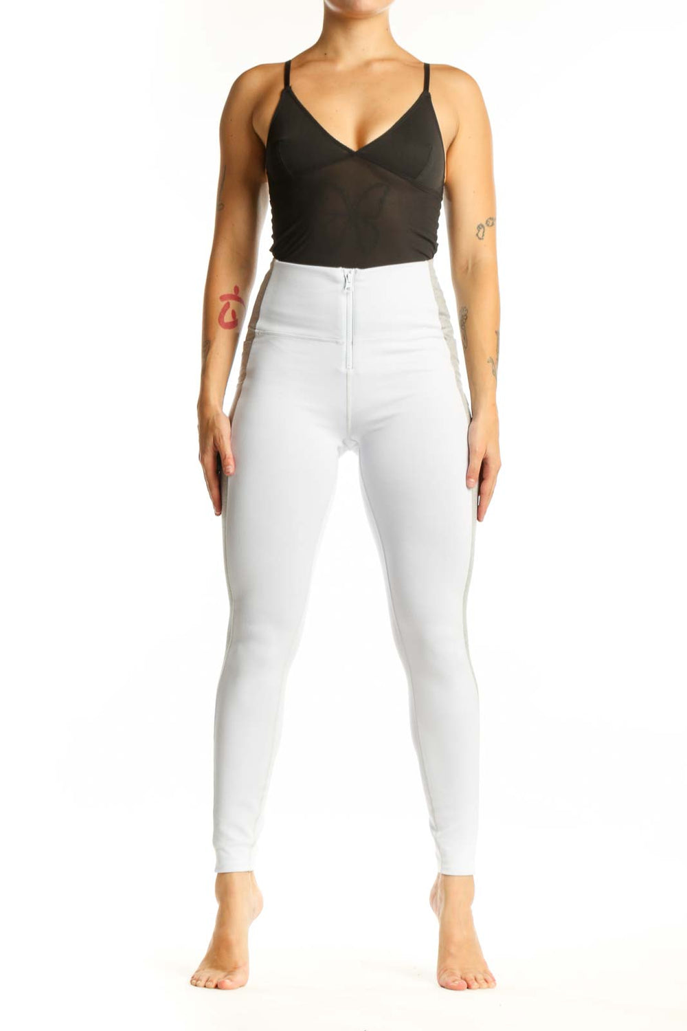 White high-waist activewear leggings with gray side paneling, front view