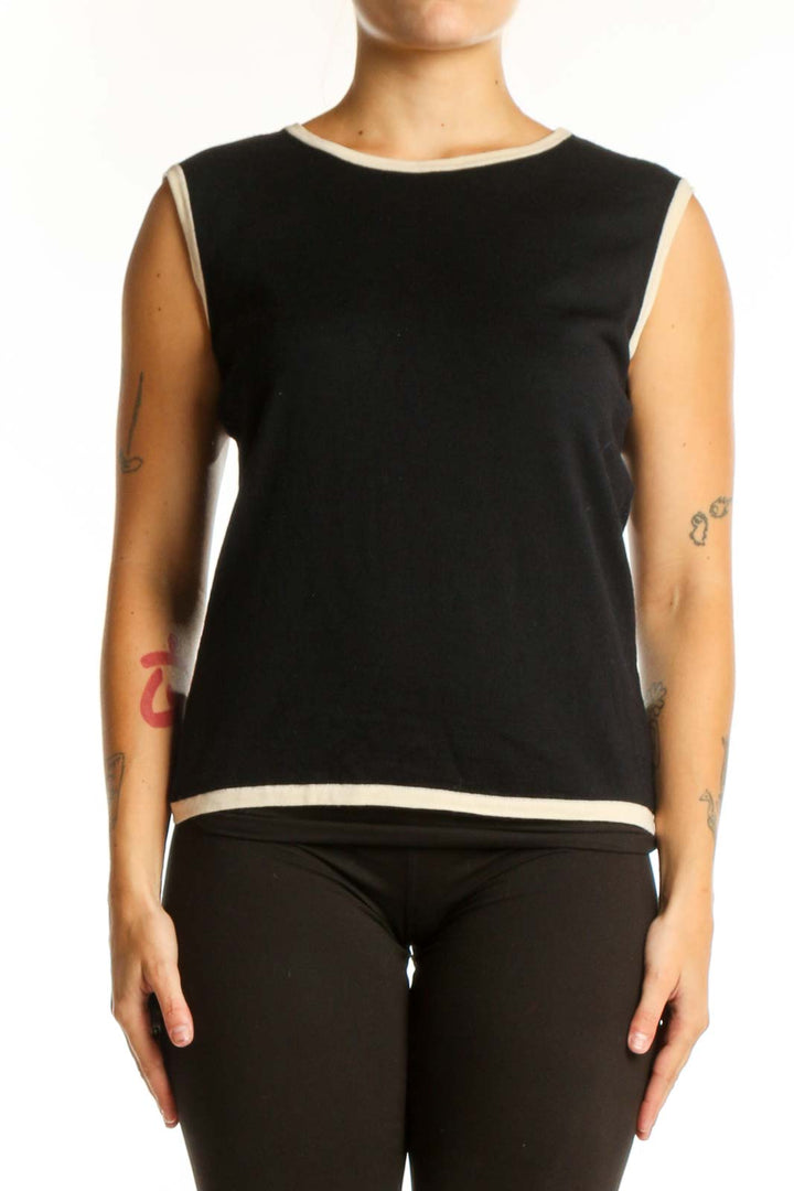 ESCADA black wool sleeveless tank top with cream trim, front view on model