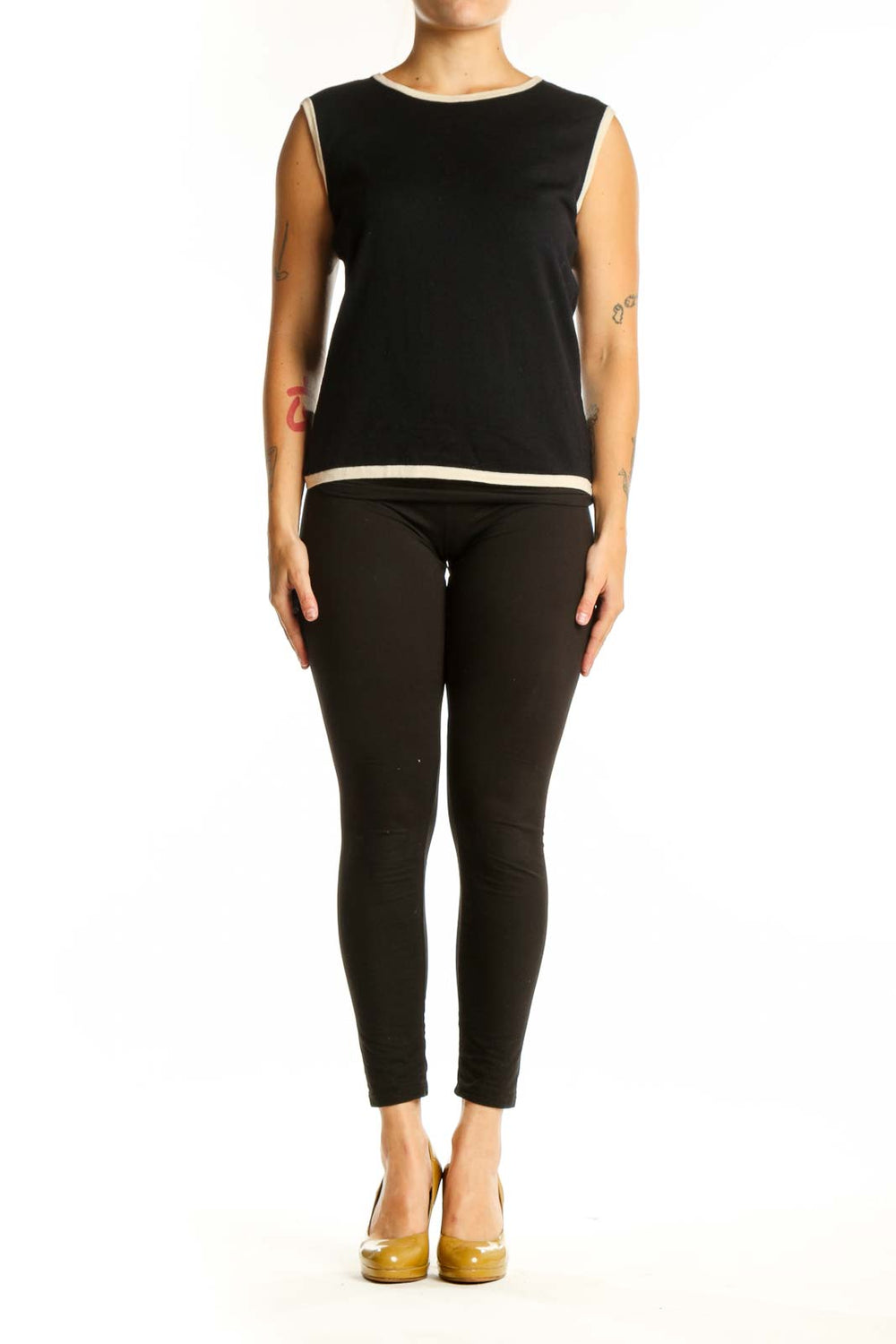 ESCADA black wool sleeveless tank top with cream trim, front view on model