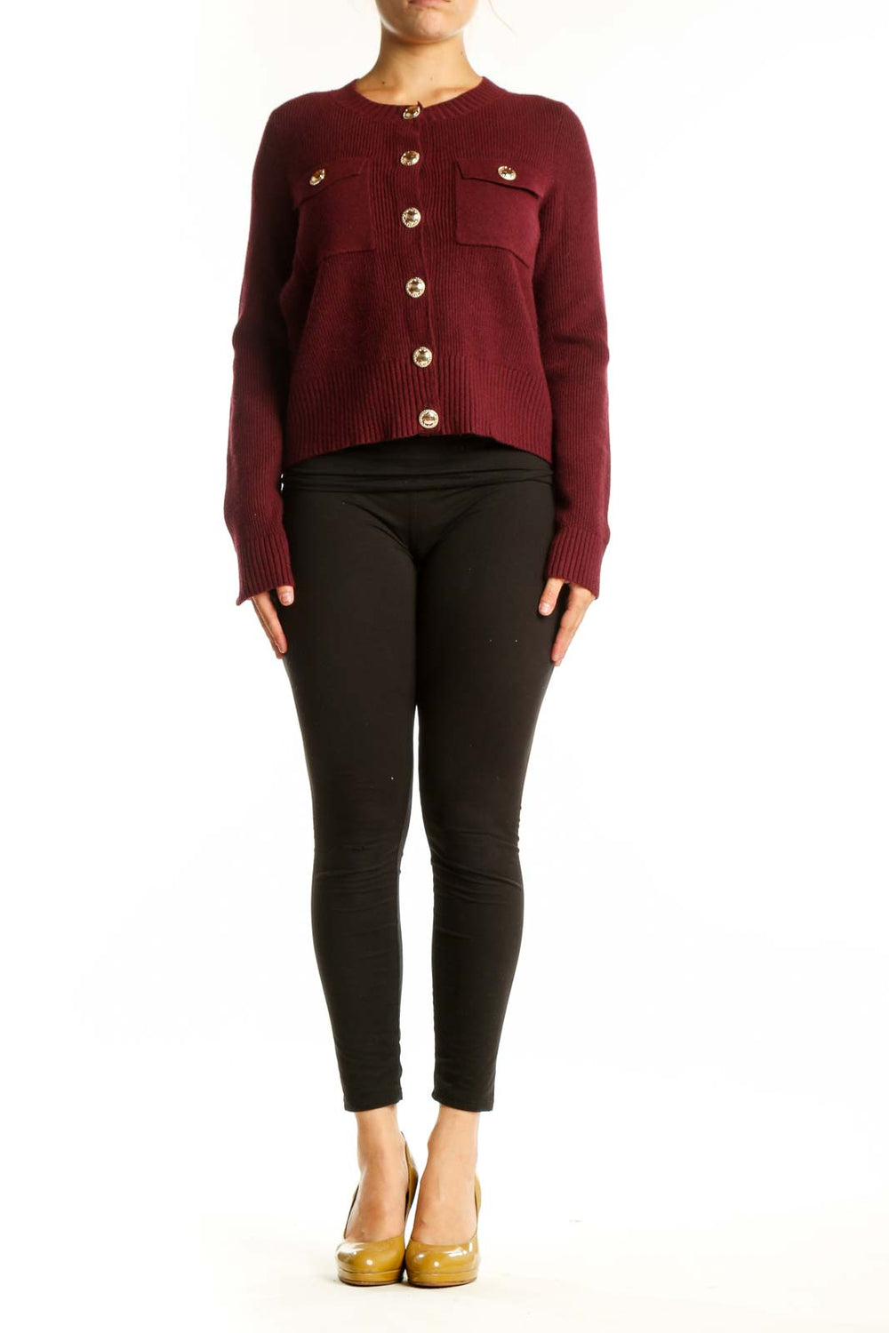 Burgundy ribbed knit cardigan with gold buttons and patch pockets, front view on model