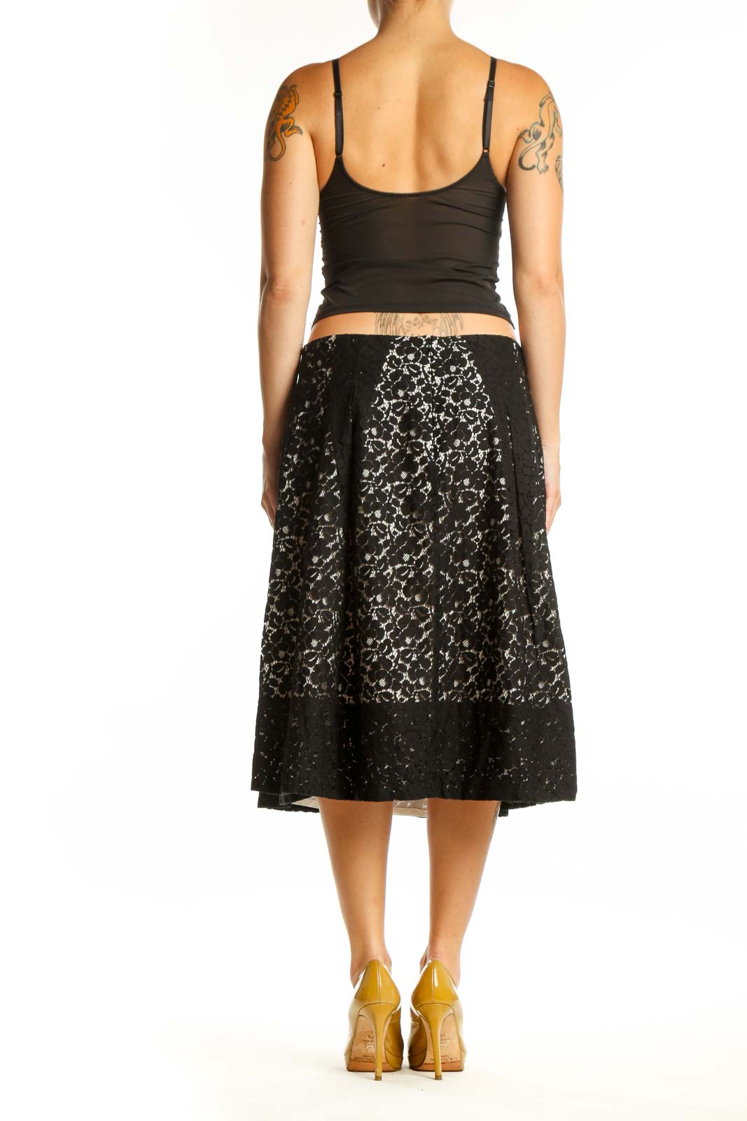 Black lace A-line midi skirt back view, showcasing elegant lace design and midi length