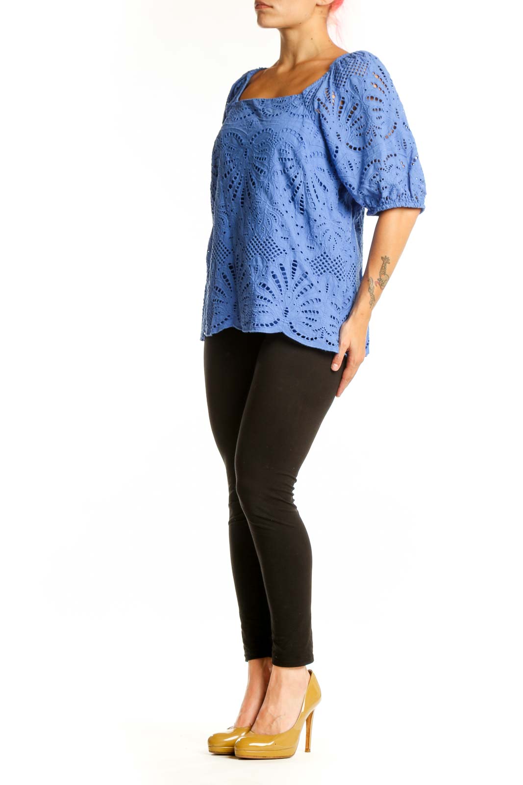Blue eyelet cotton top with puff sleeves and square neckline, front view