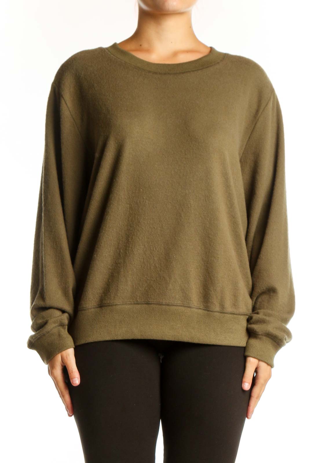 Olive green knit pullover sweatshirt with crew neck and long sleeves, front view