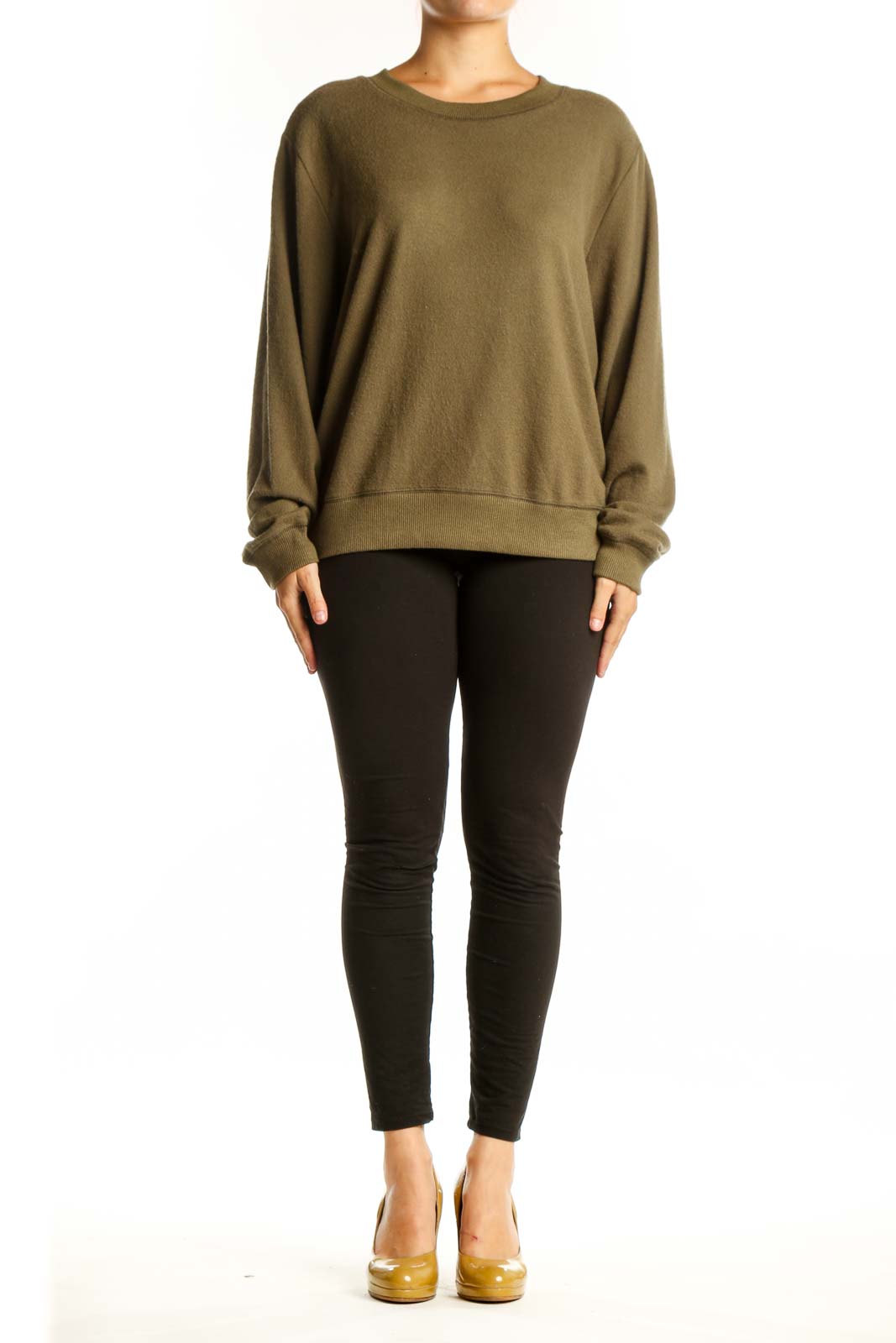 Olive green knit pullover sweatshirt with crew neck and long sleeves, front view