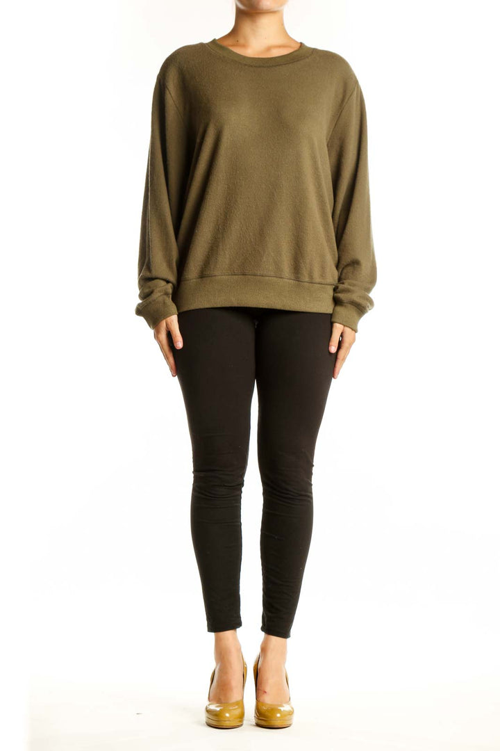 Olive green knit pullover sweatshirt with crew neck and long sleeves, front view