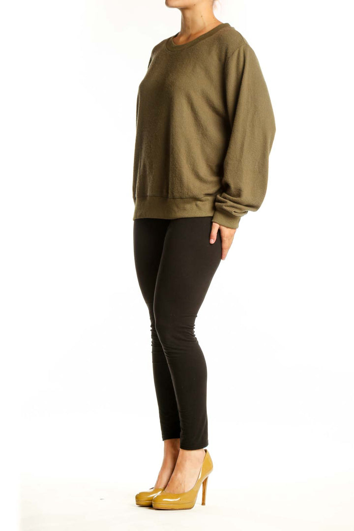 Olive green knit pullover sweatshirt with crew neck and long sleeves, front view