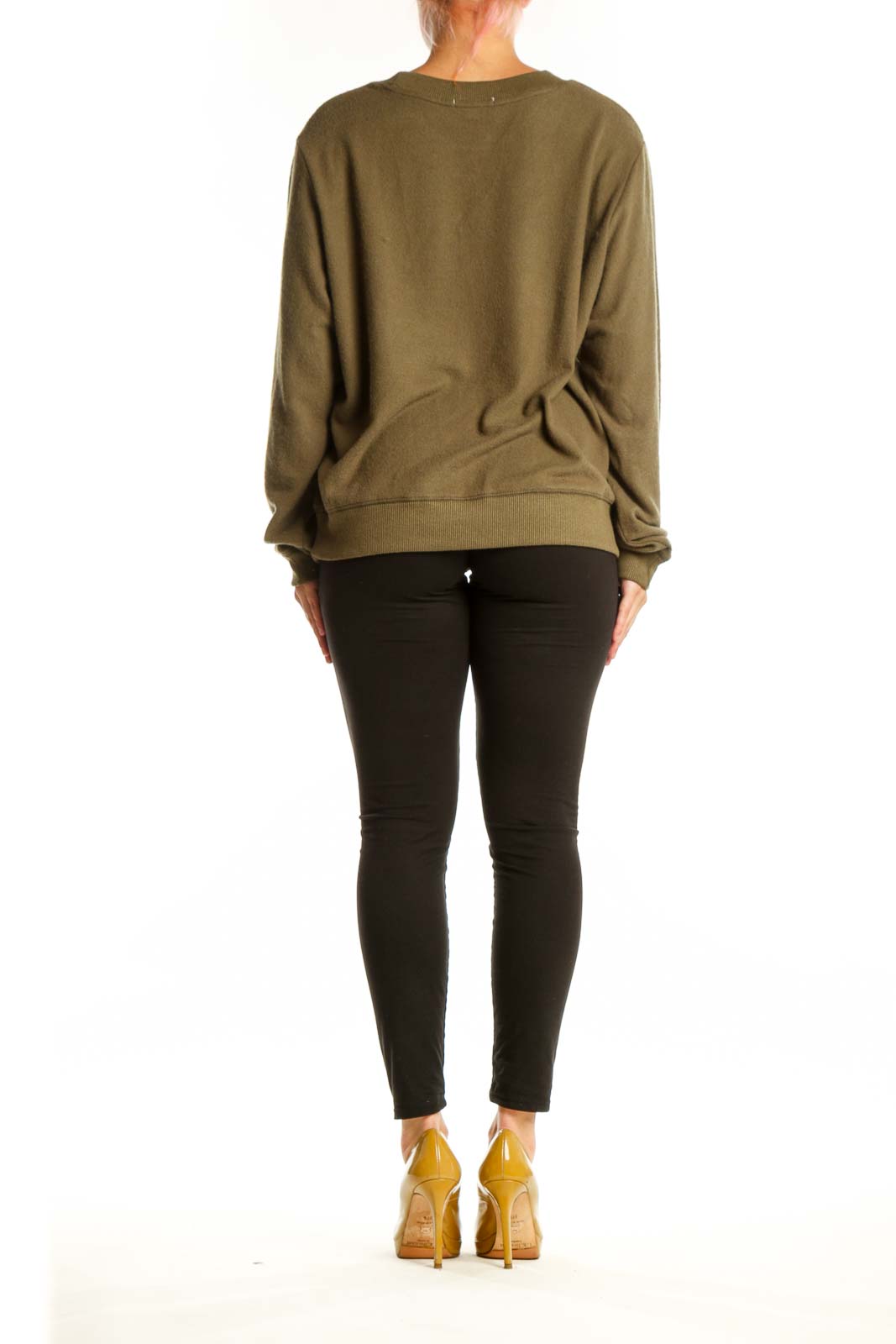 Olive green knit pullover sweatshirt with relaxed fit, back view