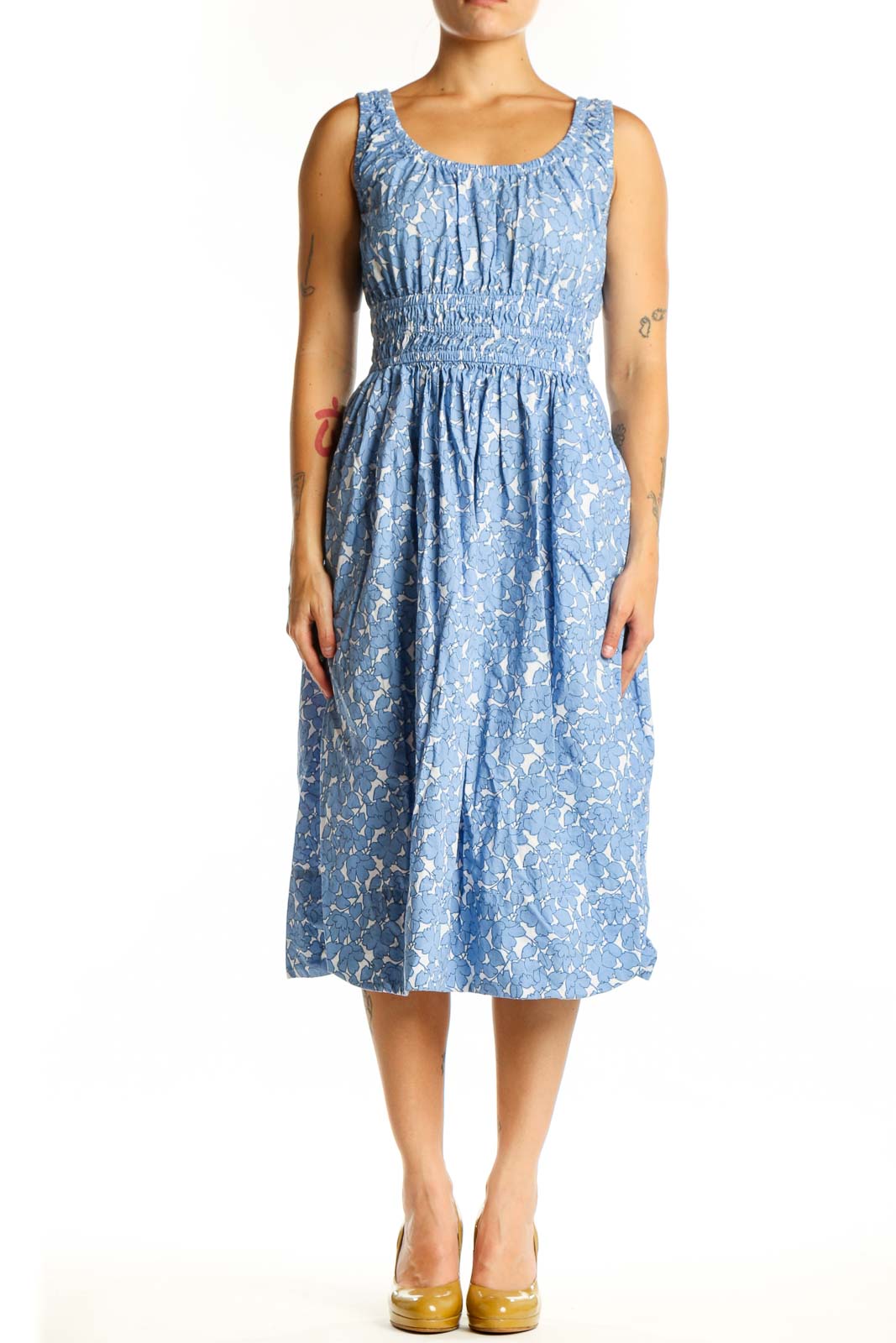 Blue floral cotton midi dress with gathered bodice and elasticized waist, front view
