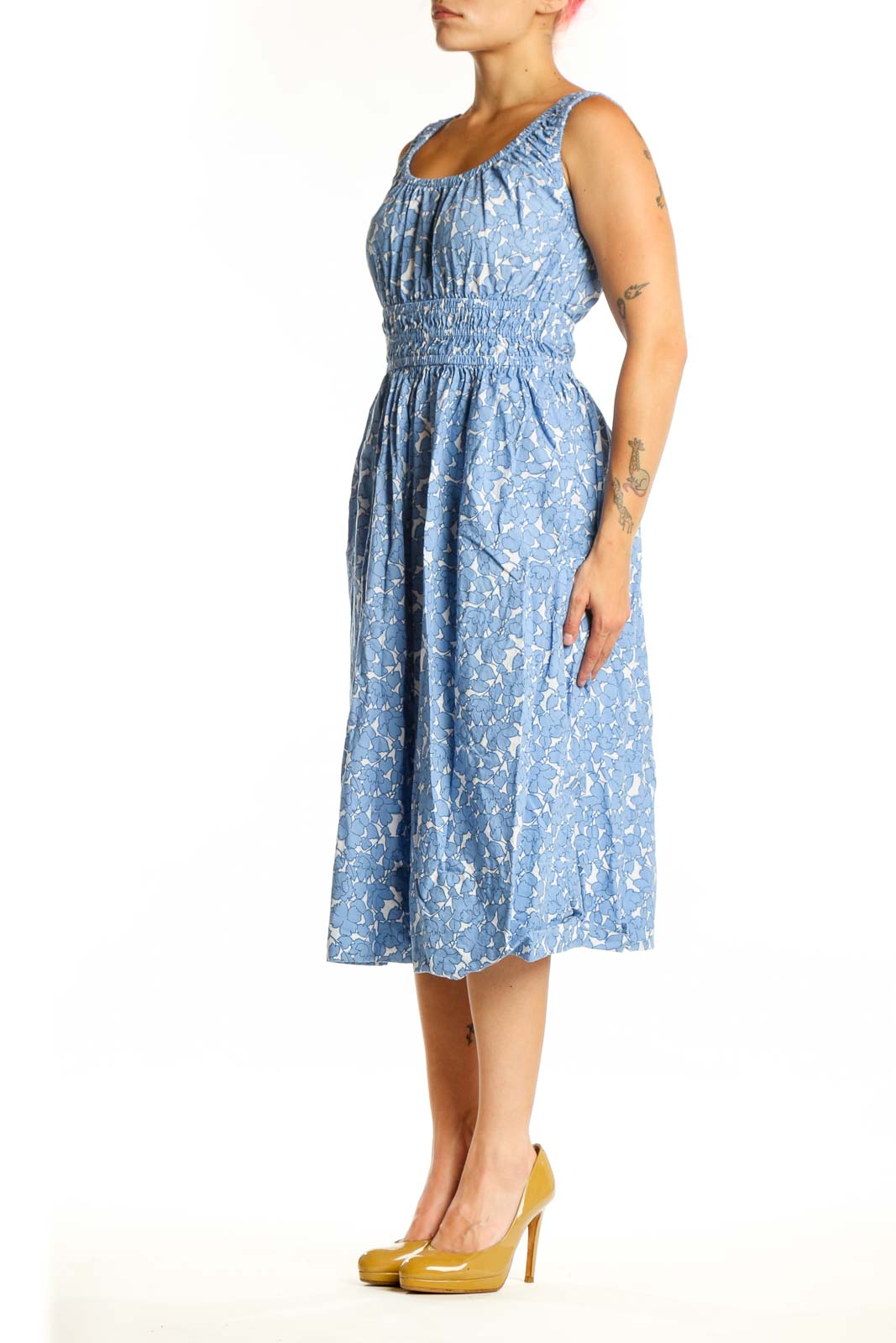 Blue floral cotton midi dress with gathered bodice and elasticized waist, front view