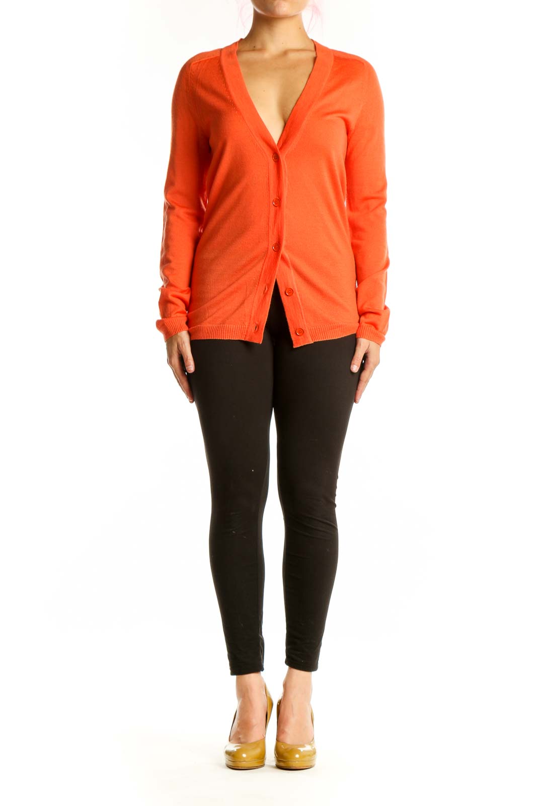 Front view of orange merino wool cardigan with button-front closure and V-neckline