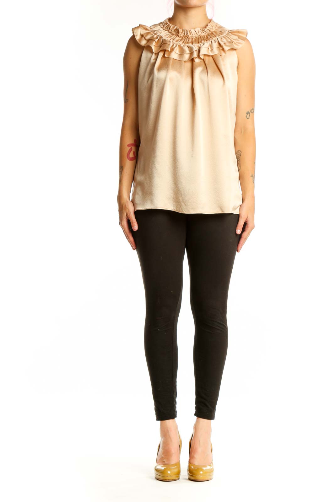 Cream sleeveless blouse with ruffled neckline by Milly, front view