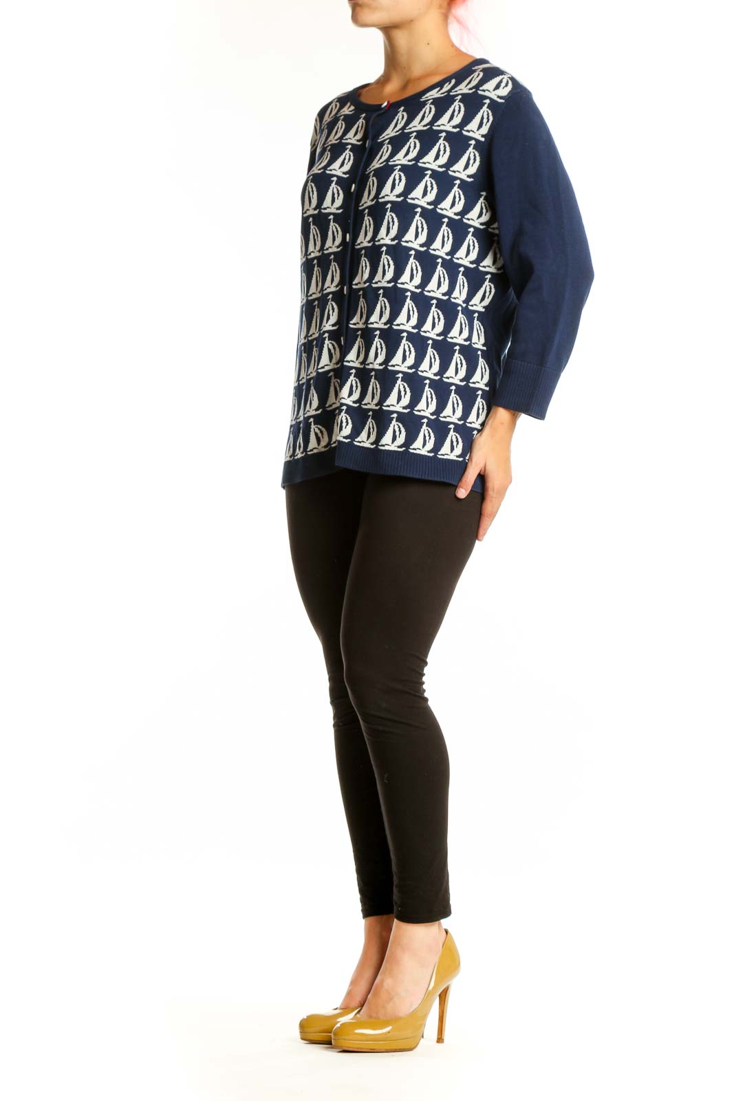 Navy and cream sailboat patterned cotton cardigan with button-front closure and long sleeves