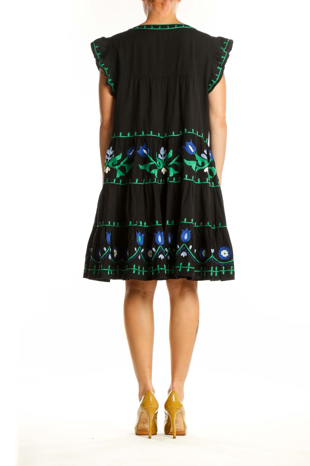 Roller Rabbit black cotton dress with embroidered floral details and tiered construction, back view