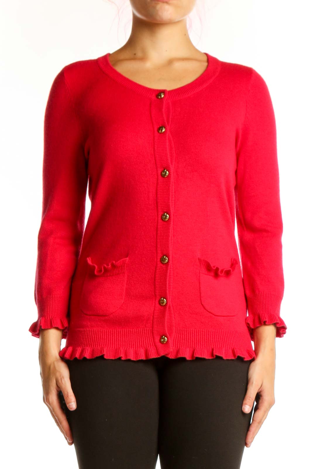 Red cashmere blend cardigan with ruffle trim and gold buttons, front view
