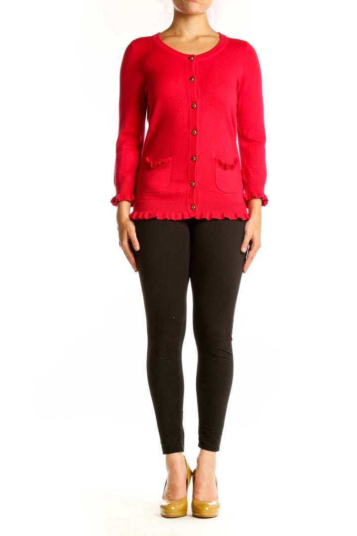 Red cashmere blend cardigan with ruffle trim and gold buttons, front view