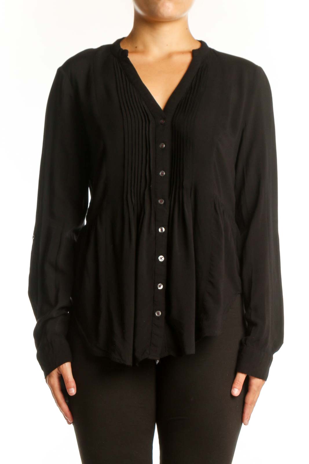 Black rayon button-front pleated blouse with V-neckline and long sleeves, front view